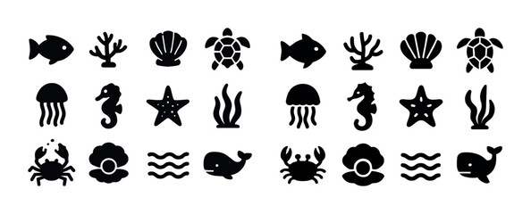Marine life icons collection: fish, coral, shells, turtles, jell