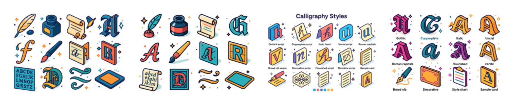 Colorful calligraphy alphabet and styles chart with tools and te