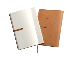 Two open and closed tan leather-bound journals with elastic closures