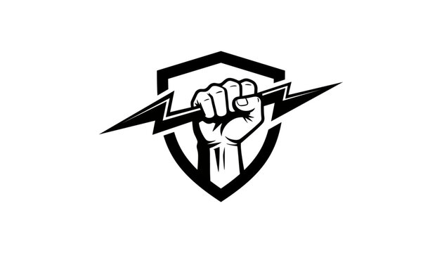 Power logo flash energy lightning Fist male hand, proletarian protest symbol. Power sign