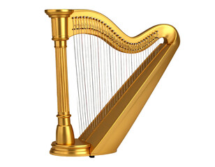 Golden harp classical string instrument ornate musical artwork elegant concert orchestra performance isolated on white background