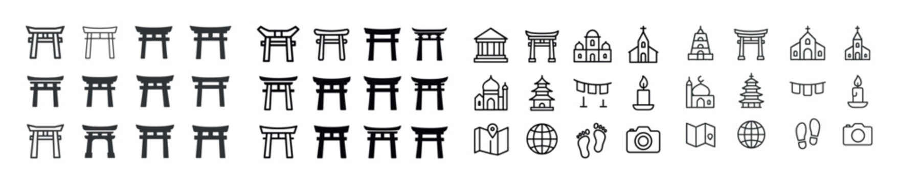 Icon set featuring torii gates, temples, churches, and travel sy