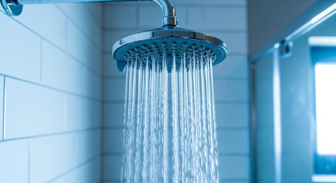 Shower head in bathroom with flowing water drops