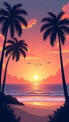 Tropical Beach Sunset with Palm Trees and Birds &ndash; HD