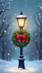Festive Winter Lamppost Decorated with Wreath &ndash; HD