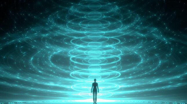 Human silhouette surrounded by layered concentric energy waves in glowing blue and turquoise, visualizing a biorezonance field with ultra-smooth frequency patterns in a clean, scientific style.
