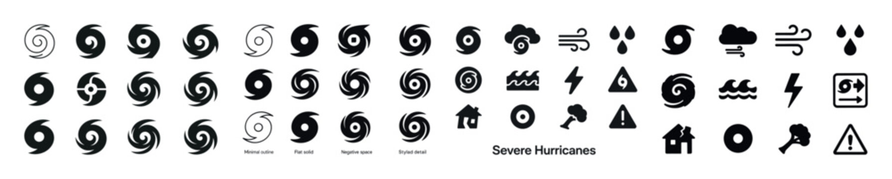 Severe hurricane icons collection with warning symbols and weath