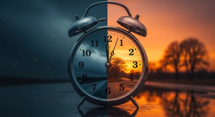 Split view shows clock during day and night. Concept of daylight saving time change. Clock face displaying time difference. Daytime sunset sky and nighttime dark sparkle background.