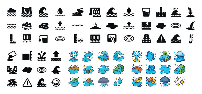 Set of water-themed icons: waves, drops, splash, weather, flood