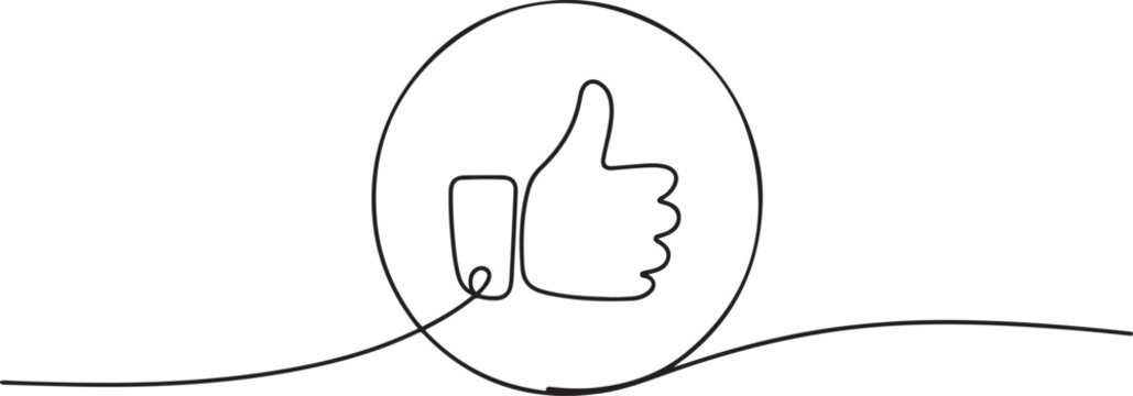 continuous line like icon. draw one line thumbs up in circle, like icon on social media. single line vector illustration. one line Icon drawing