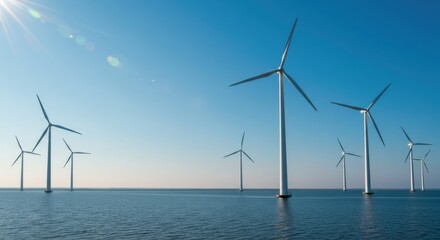 Modern offshore wind farm with turbines generating clean energy from the ocean. Sustainable power in the industry concept for renewable electricity production.