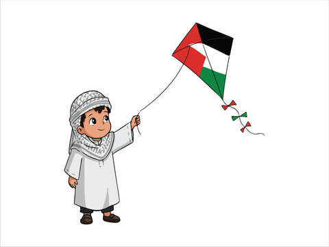 Boy Flying Kite with Palestinian Flag in Traditional Attire