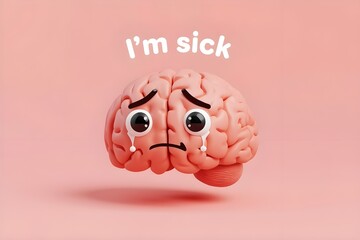 Sad 3D brain character crying with "I'm sick" text, mental health and depression concept