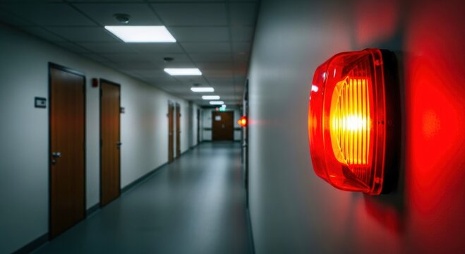 Fire alarm detector flashing red light in corridor. Emergency warning system for building safety. Fire prevention device, security system. Safety concept