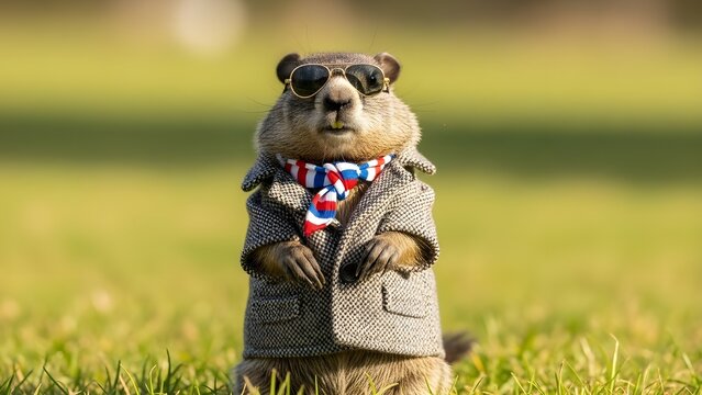 A groundhog dressed in a suit and tie standing in a grassy field