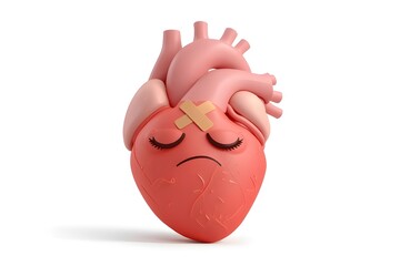 Cute personified heart character suffering from heart attack or grief on a white background