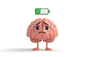 A tired human brain with low battery symbol, representing mental fatigue, burnout, and reduced cognitive energy