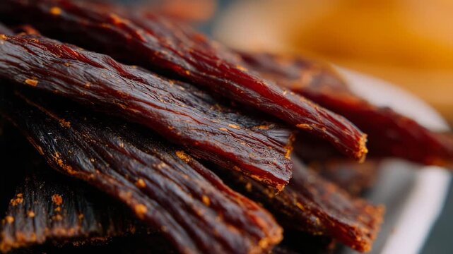 62Cinematic macro view of dried meat strips, emphasizing fibrous detailing, earthy colors, and crisp outlines contrasted with a bright white surface.