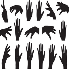 Fototapeta premium A colorful art pattern of people's hands and fingers in a vector illustration set features volunteer palm silhouettes and a group of arms raised up as a symbol of love and help