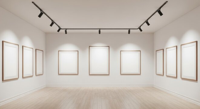 Empty art gallery interior with minimalist gold frames. Modern exhibition space with blank canvases.