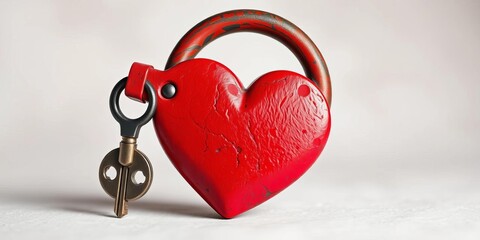 Red forged heart lock with its key, set against a light backdrop A powerful symbol of strong love, marriage, and romance for weddings or Valentine's,  declaration, red