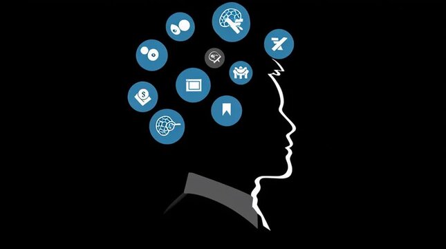 Human silhouette with simple animated icons appearing step by step around the head, visualizing ideas, learning and digital interaction in a clean, modern explainer-style aesthetic.
