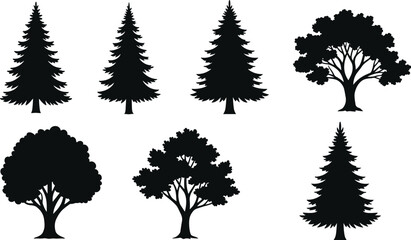 Tree silhouettes illustration set, pine and deciduous trees, forest elements collection, black tree icons, nature landscape, flat vector style