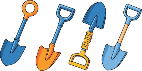 Garden shovel tools illustration set, digging spades collection, gardening equipment, hand tools variety, home garden work, flat cartoon vector style © Fajle