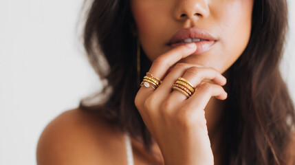 A woman is wearing a gold ring on her left hand