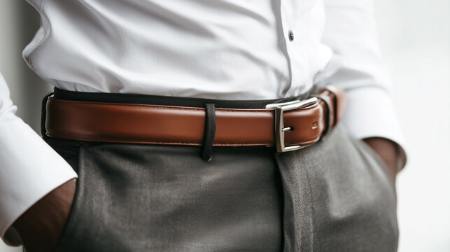 A man wearing a brown belt and gray pants