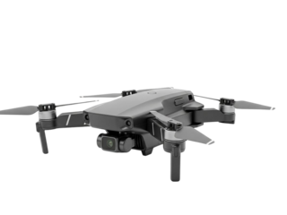 Drone with camera and propellers flying in air