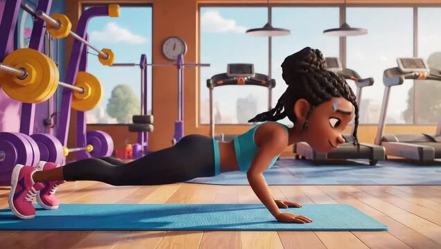 Animated woman doing a push-up in a vibrant gym setting, focusing on fitness and strength training