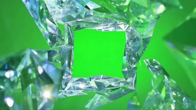 Rotating 3D diamond shards assembling into a square frame window on green screen chroma key.