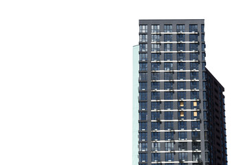 Architectural shot of a modern high-rise skyscraper with a grey facade and large glass windows representing urban development and real estate isolated on a transparent background © Oleksandr Baranov