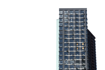 Architectural shot of a modern high-rise skyscraper with a grey facade and large glass windows representing urban development and real estate isolated on a transparent background
