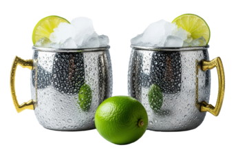 two identical, icy moscow mule mugs with brass handles, detailed sub-zero condensation and crushed ice, lime garnish, stark white high-key macro shot. concept for extreme refreshment