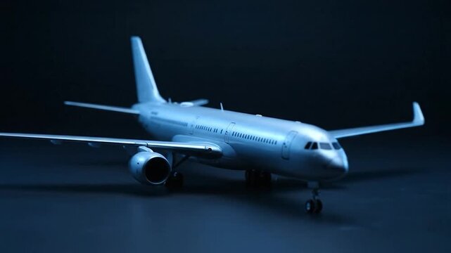 Silver model of a commercial jet aircraft resting on a dark surface, studio shot