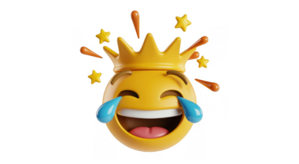 Laughing emoji wearing a crown with tears of joy and stars yellow isolated on a transparent background
