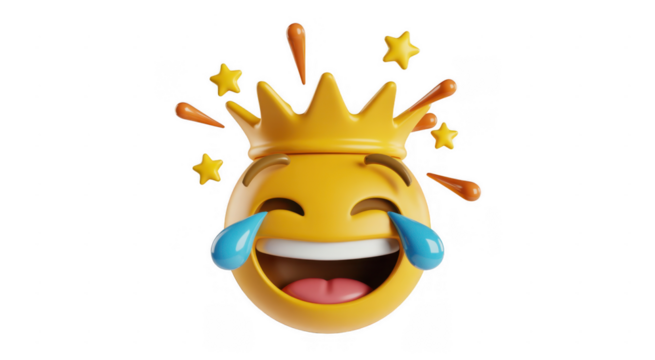 Laughing emoji wearing a crown with tears of joy and stars yellow isolated on a transparent background - Powered by Adobe