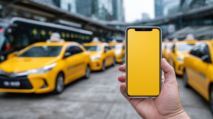 Hand holding smartphone with taxi app and yellow cabs