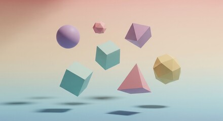 A collection of pastel-colored 3D geometric primitives (sphere, cube, pyramid, dodecahedron) floating in a soft, gradient space