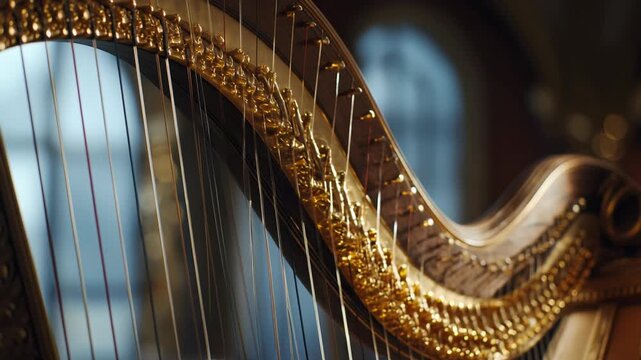 Playing Harp Closeup Showcasing Elegant String Movement and Warm Lighting