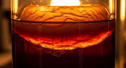 A close-up of a kombucha SCOBY (symbiotic culture of bacteria and yeast) floating in a glass jar of dark fermented tea