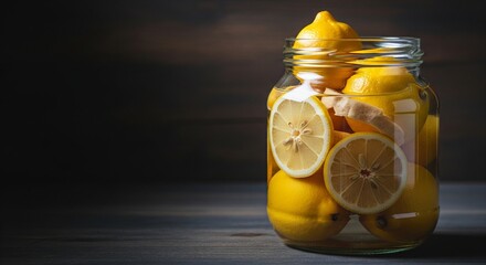 Whole and sliced lemons preserved in a glass jar with brine, set against a dark, moody wooden background