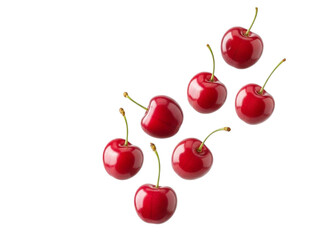 Fresh red cherries with stems floating in air © Ruman