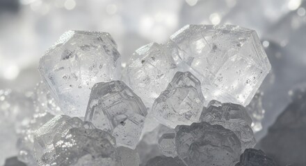 A close-up shot of translucent, geometric mineral crystals with a soft bokeh background and bright lighting