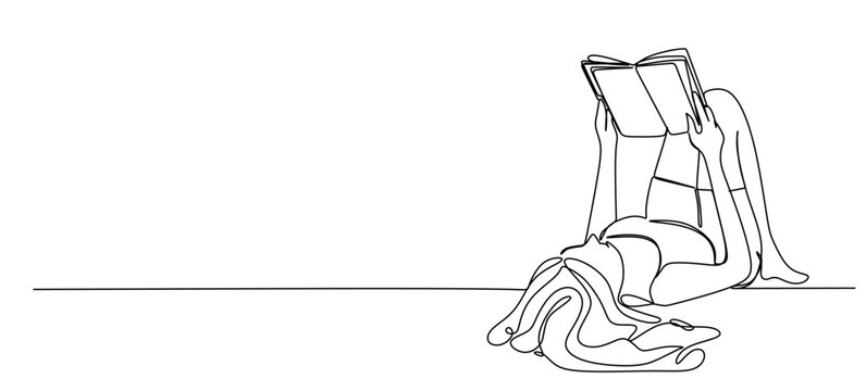 Young Woman Reading a Book in a Continuous Line Drawing Set
