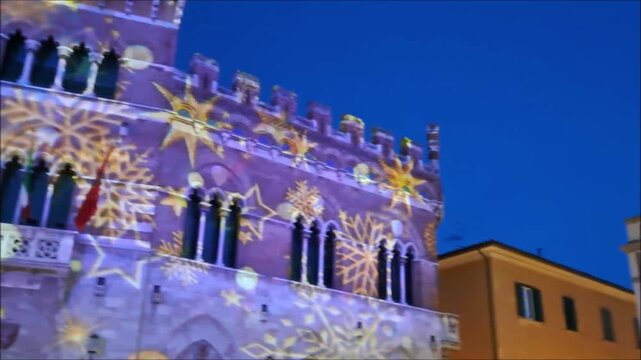 ITALY, Grosseto.Lights in Cathedral square, during the Christmas period, here there are  some of the most important buildings in the city are located.
