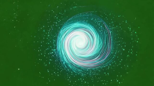 Swirling cyan light particles forming a magic energy spiral vortex on green screen background.