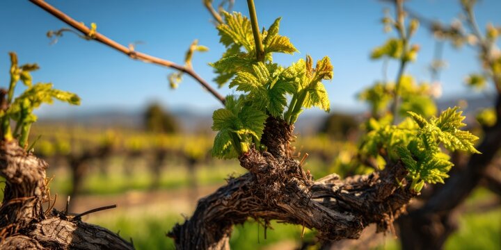 The Grapevine Budding New Leaves in a Sunlit Rustic Vineyard Row